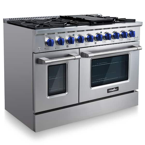 48 in. 6.7 cu. ft. Freestanding Double Oven Gas Range with 8 Burners and Griddle in Stainless Steel with Blue Knobs