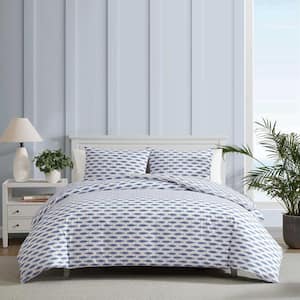 Woodblock Fish 2-Piece Blue Cotton Twin Duvet Set