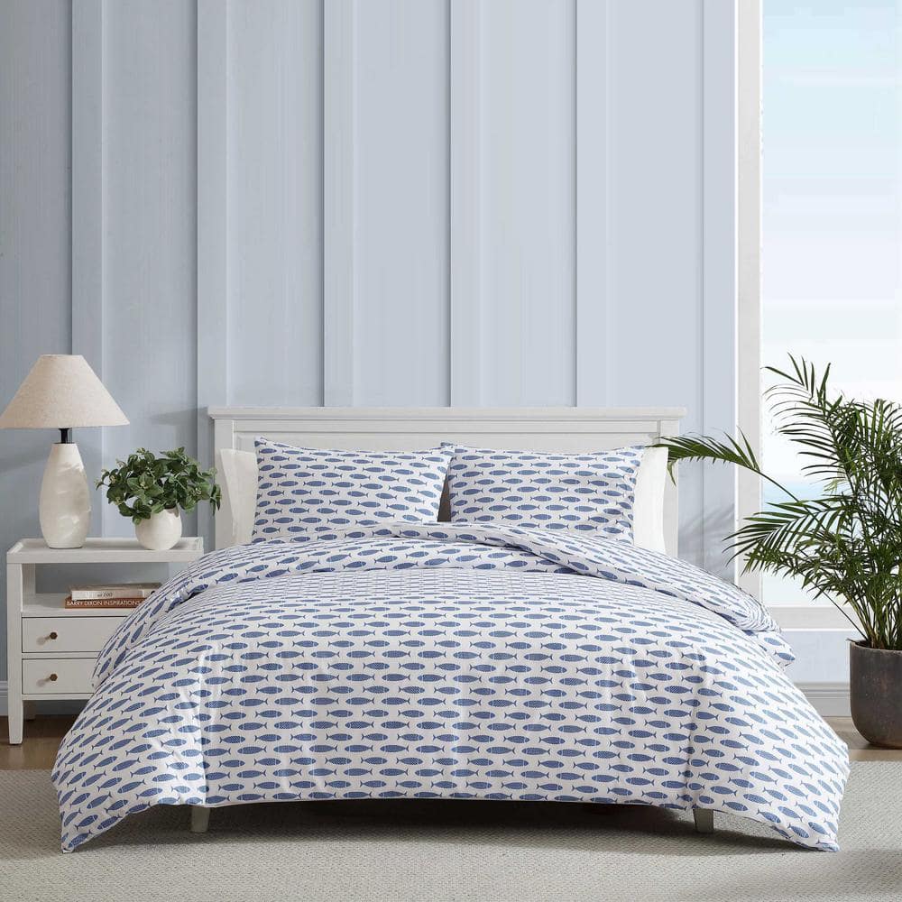 Nautical Blue Fish Cotton Queen Bedspread Cover Set