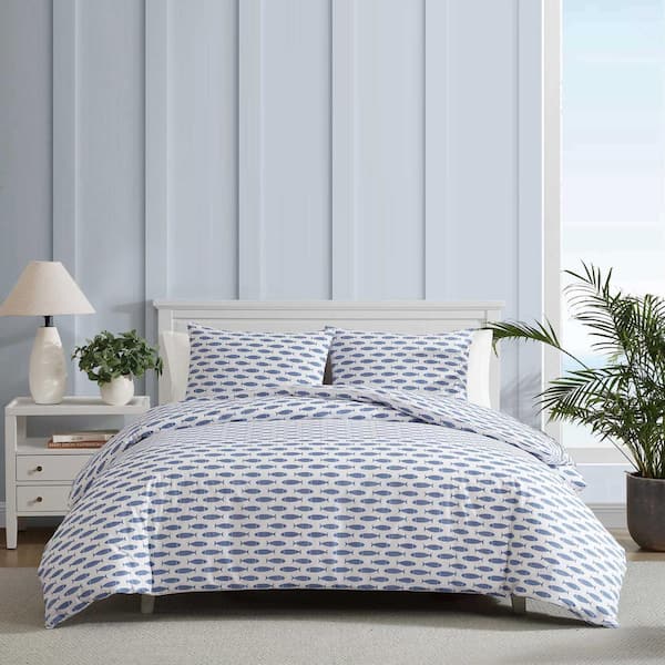 Woodblock Fish 3-Piece Blue Cotton Full/Queen Duvet Set