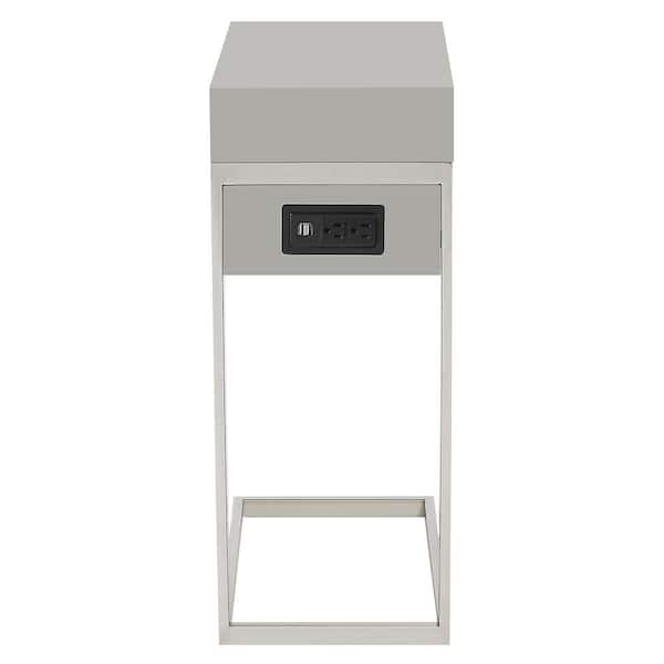Loft Lyfe Magnus Grey/Chrome End Table with 2-USB Charging Ports, 2-Outlets and Power Plug