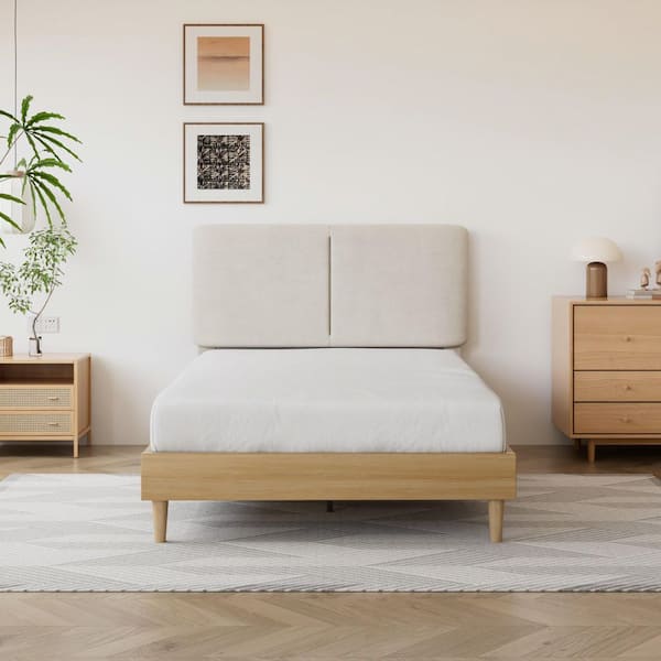 VECELO Upholstered Bed Frame with Linen Fabric Headboard, Strong Wood Slats Supports Platform Bed, Twin Size Bed, Beige