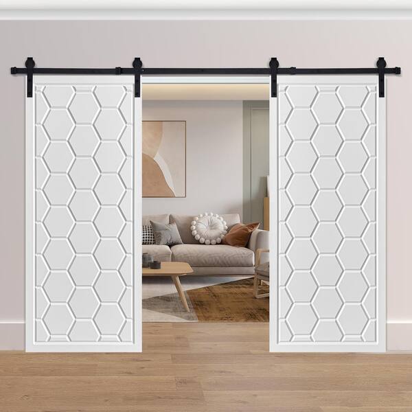 AIOPOP HOME Modern Honeycomb Designed 64 in. x 80 in. MDF Panel White  Painted Double Sliding Barn Door with Hardware Kit MC1564X80DWT - The Home  Depot