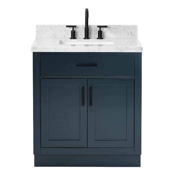 Hepburn 30 in. W x 22 in. D x 36 in. H Bath Vanity in Blue with Carrara Marble Vanity Top in White with White Basin