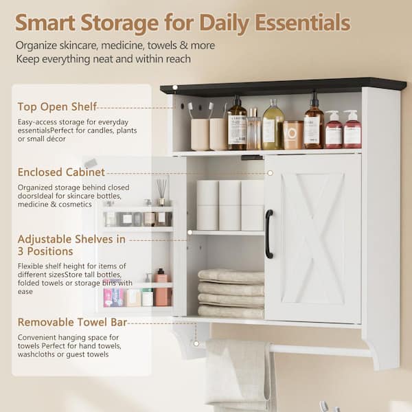 Motion Sensor LED Bathroom Wall Cabinet, 27.6 in. Farmhouse Accent Storage Cabinet with Adjustable Shelves