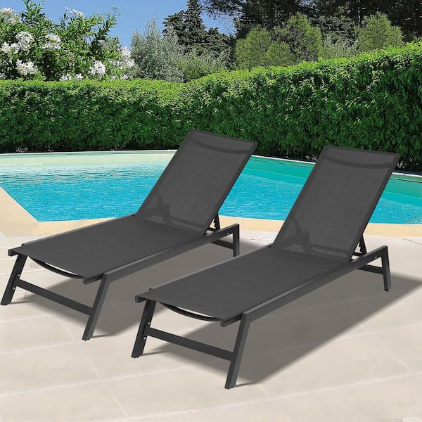 Boosicavelly Outdoor 2-Pcs Set Black Five-Position Adjustable Metal Lounger Recliner Chair