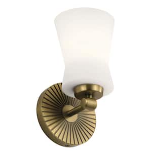 Brianne 9.5 in. 1-Light Brushed Natural Brass Bathroom Indoor Wall Sconce with Satin Etched Cased Opal Glass