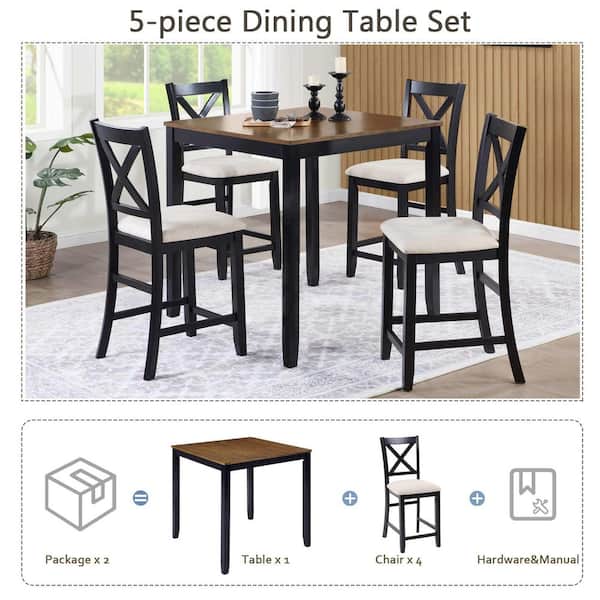 Polibi 5-Piece Square Beige/Black/Oak Wood Top Dining Room Set
