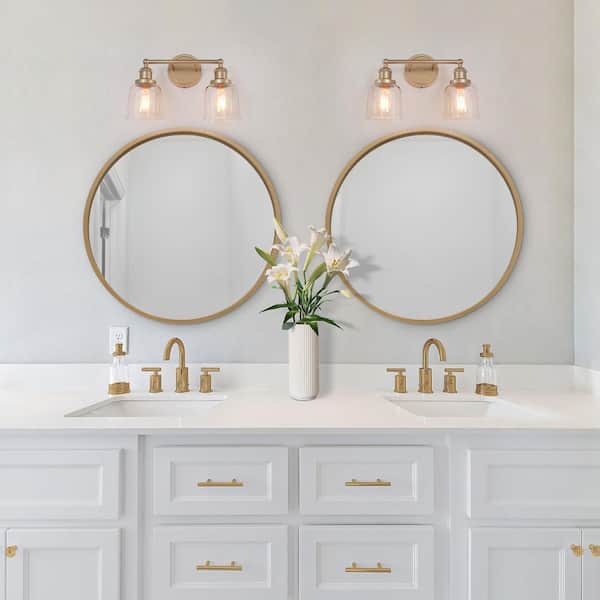Coastal Bell Bathroom Vanity Light 2-Light Brass Gold Transitional Powder Room Wall Light with Clear Glass Shades