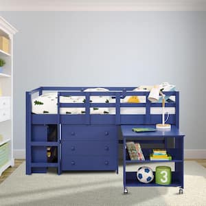 Navy Twin Loft Bed with Desk, Low Study Kids Loft Bed, Low Loft Bed with Desk, Storage Cabinet, Ladder, Bookcase Shelf