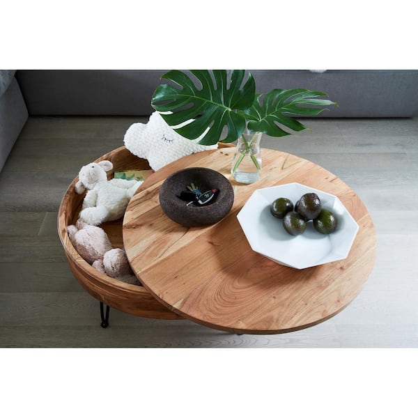 NADAAL STUDIOS Tarian 31 in. Natural Round Acacia Coffee Table with Storage and Iron Legs