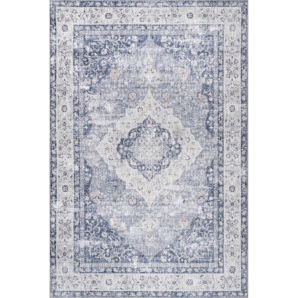 nuLOOM Elsa Machine Washable Blue 8 ft. x 10 ft. Floral Blossom Medallion Area Rug