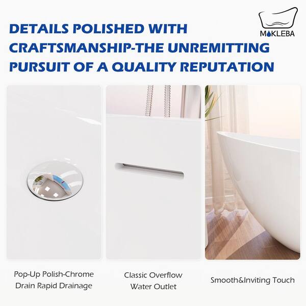 67 in. Double Slipper Acrylic Freestanding Flatbottom Bathtub with Polished Chrome Drain Soaking Tub in White