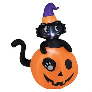 5 ft. Tall Halloween Inflatable Decor Black Cat Sitting in Pumpkin with LED Lights