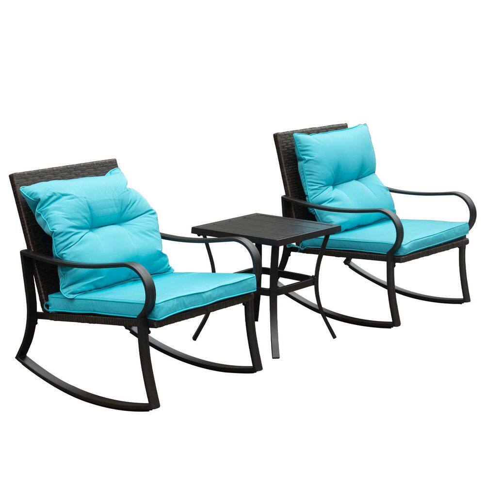 3-Piece Metal Outdoor Bistro Set Rocking Chair Set with Blue Cushion price history on PriceWatchPro