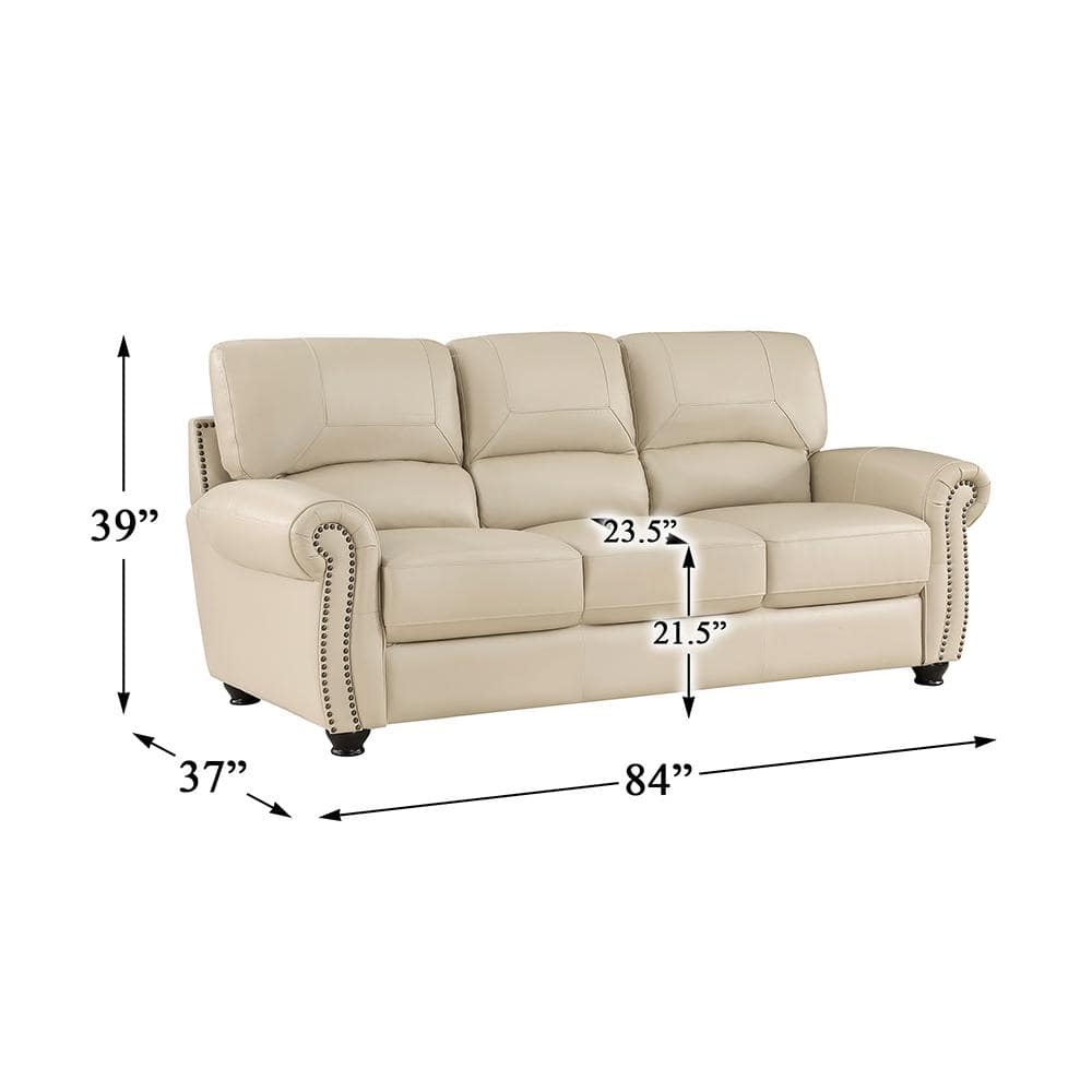 Cream Faux Leather Tufted Sofa with Nailhead Trim