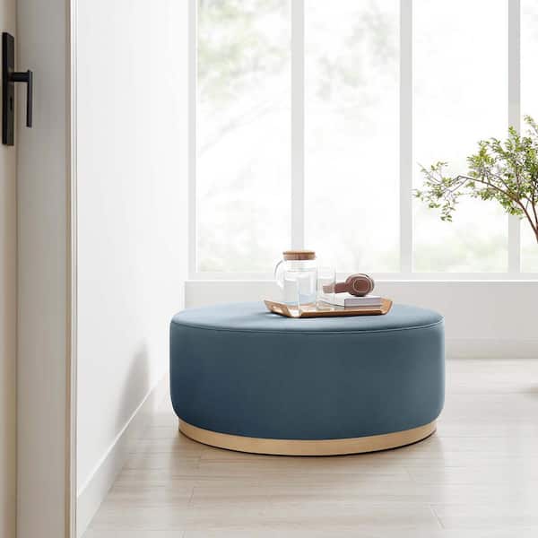Tilden Large 38 in. Round Performance Velvet Upholstered Ottoman in Cadet Blue Natural