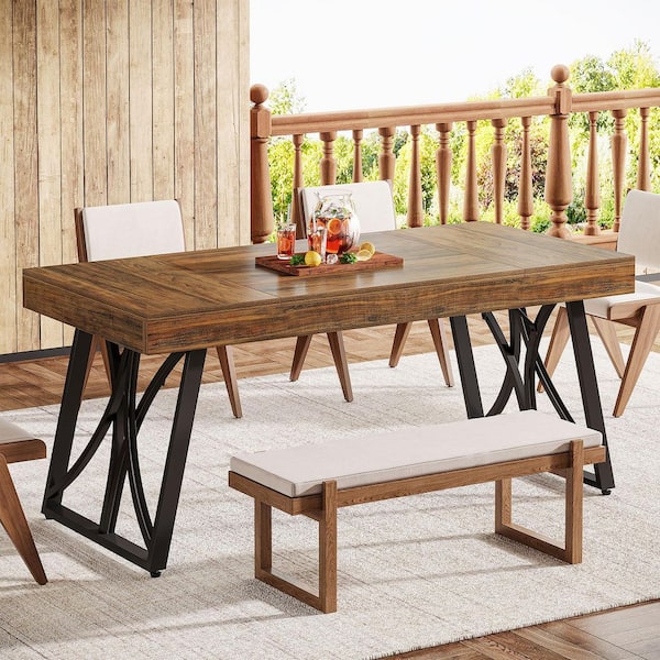 BYBLIGHT Roesler Industrial Brown Wood Finish Dining Table with Metal Frame, 63 In. Sled Long Kitchen Dining Table Seats 6