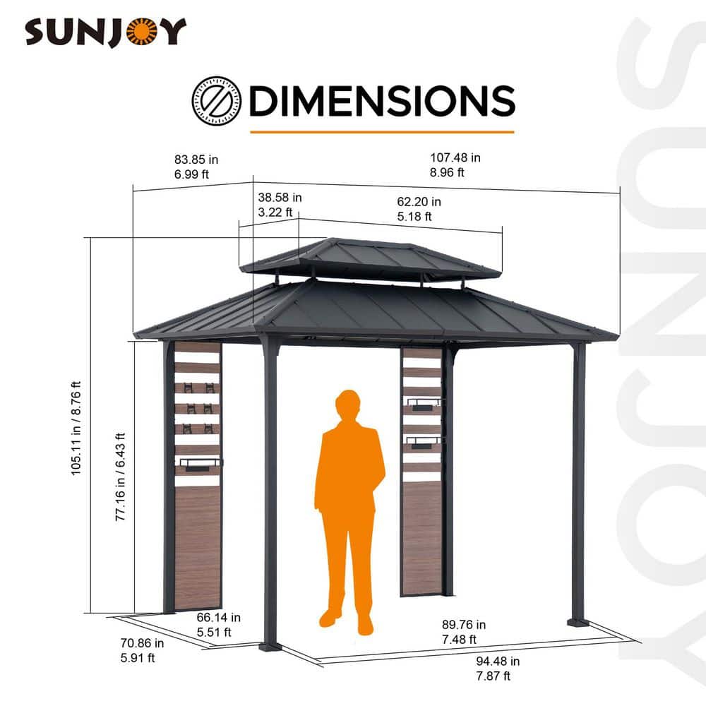 Matte Black 7 x 9 ft. 2-Tier Hardtop Grill Gazebo with Storage Shelves