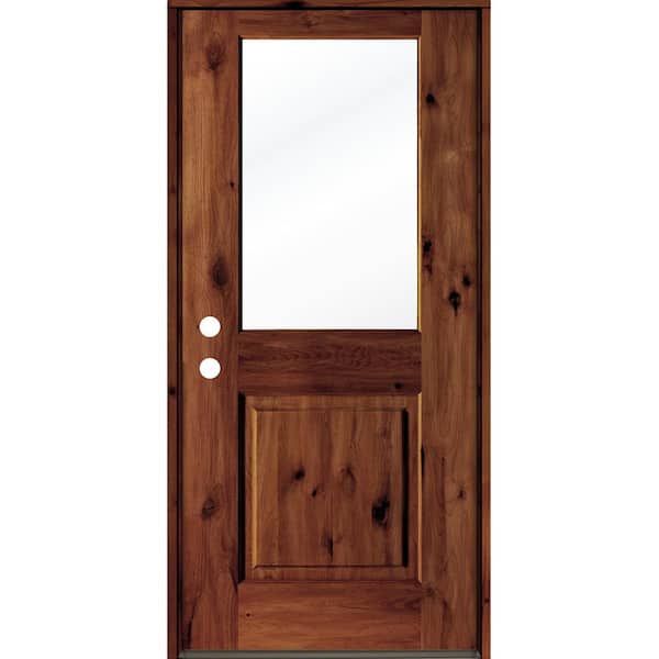 Krosswood Doors 32 in. x 80 in. Rustic Knotty Alder Wood Clear Glass Half-Lite Red Chestnut Stain Right Hand Single Prehung Front Door