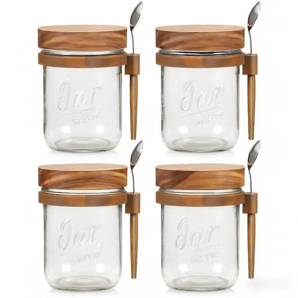 16 oz. Leakproof Glass Food Jar Set with Acacia Wood Lid, Spoon and Spoon Holder, Large Capacity Airtight Jars, 4 Pack