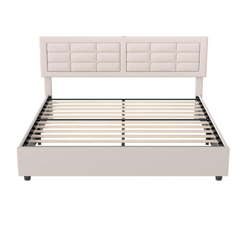 VECELO Upholstered Bed, Beige Metal Frame Queen Platform Bed With Wood ...