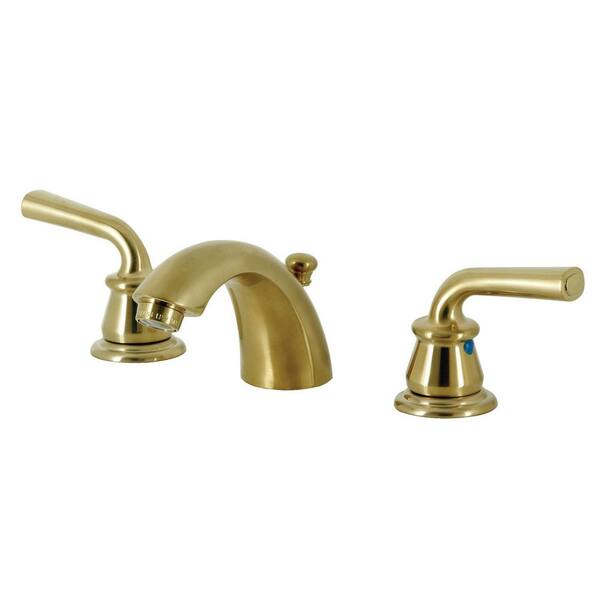 Kingston Brass Restoration 2-Handle 8 in. Mini-Widespread Bathroom Faucets with Plastic Pop-Up in Brushed Brass
