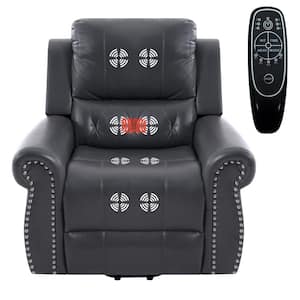 Oversized Gray Air Leather Power Lift Recliner with Massage, Remote, Footrest, Studded & Tufted Detailing, Side Pocket