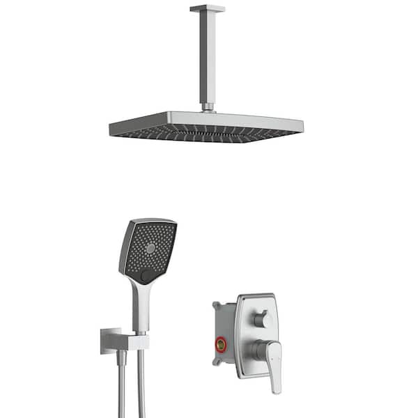 3-spray Ceiling Mounted 14 in. Shower Head and Handheld Shower Head in Brushed Nickel