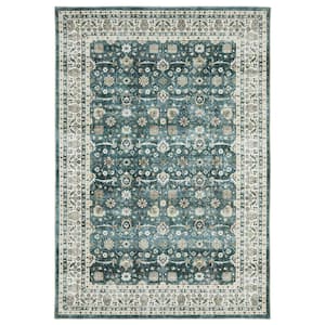 Summit Teal/Ivory 4 ft. x 6 ft. Traditional Oriental Border Polyester Machine Washable Indoor Area Rug