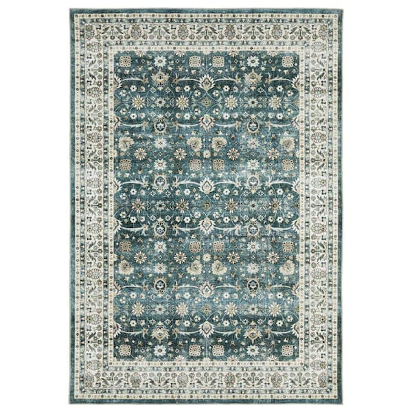 AVERLEY HOME Summit Teal/Ivory 4 ft. x 6 ft. Traditional Oriental Border Polyester Machine Washable Indoor Area Rug