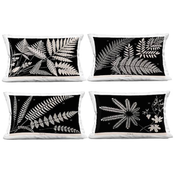 White Ferns on Black Black Abstract Polyester 14 in. x 20 in. Throw Pillow Set of 4