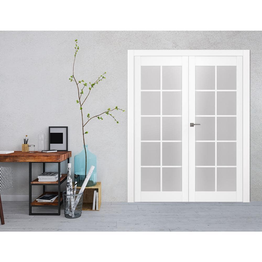 White Frosted Glass Wood Composite Double Prehung French Door