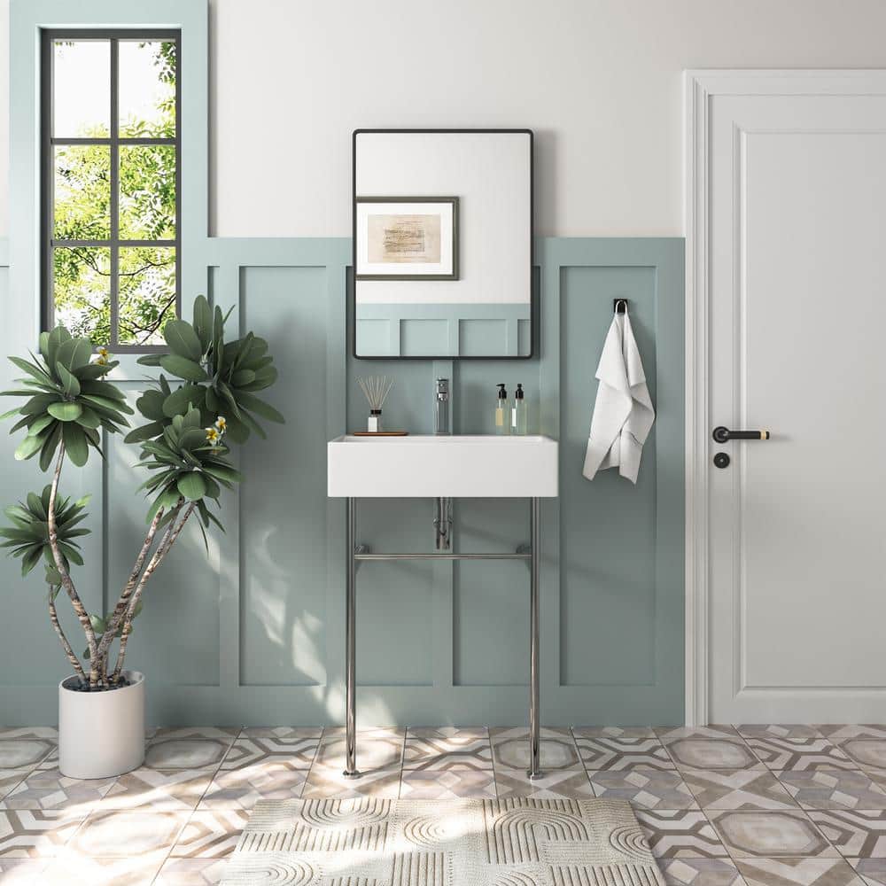 White Ceramic Rectangular Wall-Mount Console Sink with Stainless Steel Legs