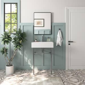 24 in. Ceramic White Rectangular Bathroom Console Sink with Silver Legs and Overflow