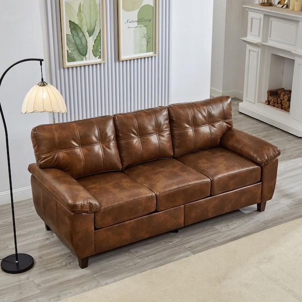 Xerlin Modern 79 in. Pillow Top Arm PU Faux Leather Upholstered 3-Seats Storage Sofa in Brown
