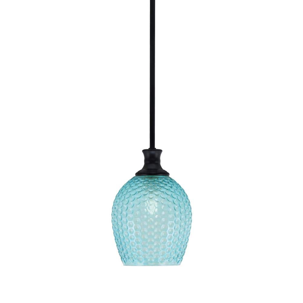 Tyler 60-Watt 1-Light Matte Black Stem Mini Pendant Light with Turquoise Te
