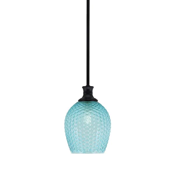 Unbranded Tyler 60-Watt 1-Light Matte Black Stem Mini Pendant Light with Turquoise Textured Glass Shade