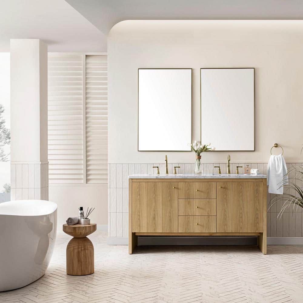 Hudson 60.0 in. W x 23.5 in. D x 34.2 in. H Bathroom Vanity in Light Oak with Carrara Marble Marble Top price history on PriceWatchPro