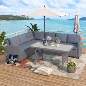 3-Piece All Weather PE Rattan Wicker Patio Conversation Set Outdoor Furniture Table and Sofa Bench with Gray Cushion