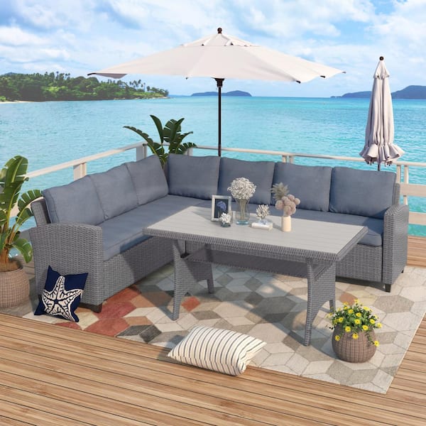 URTR 3-Piece All Weather PE Rattan Wicker Patio Conversation Set Outdoor Furniture Table and Sofa Bench with Gray Cushion