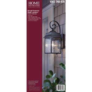 Scroll 17 in. 1-Light Black Small Outdoor Wall Light Fixture with Clear Water Glass