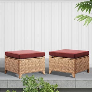 Carolina 2-Piece Yellow Wicker Outdoor Ottoman Patio Frame Footstool with Red Cushions