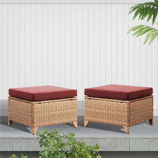 Gymojoy Carolina 2-Piece Yellow Wicker Outdoor Ottoman Patio Frame Footstool with Red Cushions