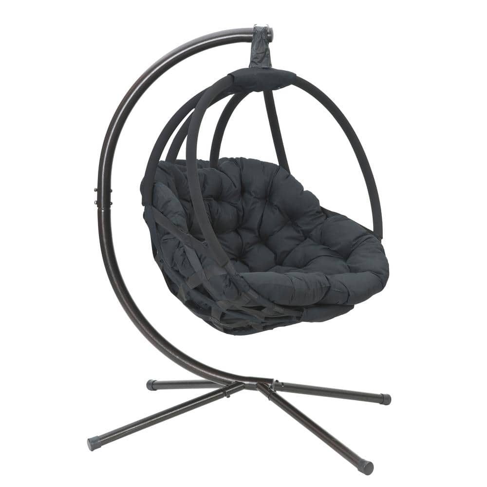 Black Steel Hanging Ball Chair with Plush Cushions