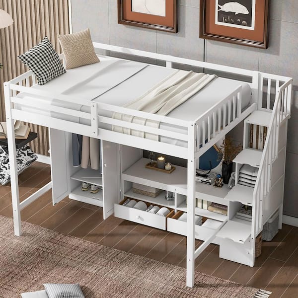 Harper & Bright Designs White Full Size Wooden Loft Bed with Wardrobe, Low Storage Table, 2 Drawers and Storage Staircase