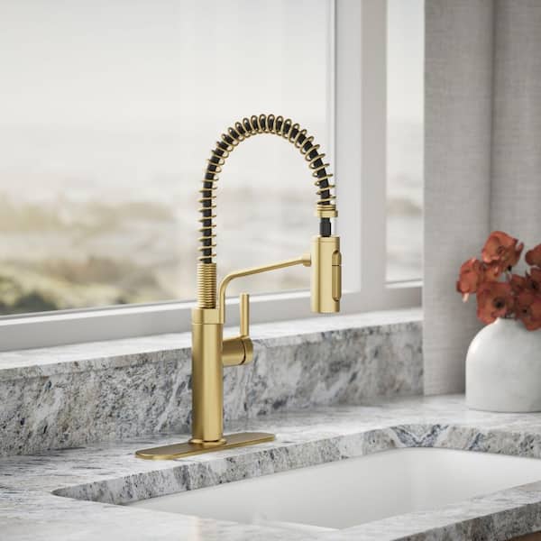 Ringby Single Handle 3-Function Pull Down Sprayer Kitchen Faucet In Vibrant Brushed Moderne Brass