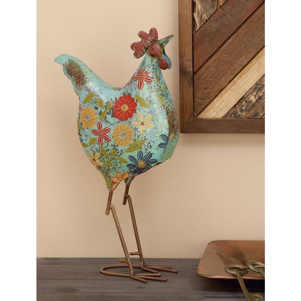 17" Green Floral Metal Rooster Garden Sculpture