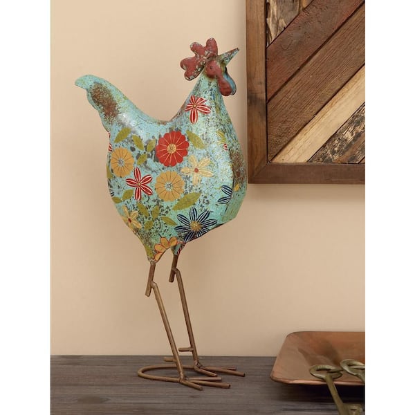 17 in. Indoor Outdoor Distressed Standing Rooster Garden Sculpture with U Shaped Feet