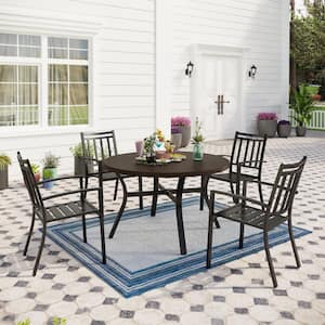 Black 5-Piece Metal Outdoor Patio Dining Set with Wood-Look Round Table and Stripe Stackable Chairs